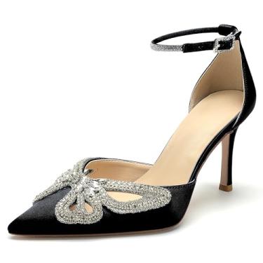 Imagem de Jishevous Sapatos femininos fechados de bico fino com laço de strass brilhante sapatos de casamento salto agulha alto cetim tira no tornozelo salto alto sandálias vestido de formatura, Preto, 36