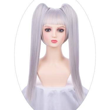 Imagem de WAVELNM Perucas de cosplay cinza para crianças, meninas, peruca cinza prateada com 2 rabos de cavalo retos para crianças, com franja, festa de Halloween, anime, cosplay
