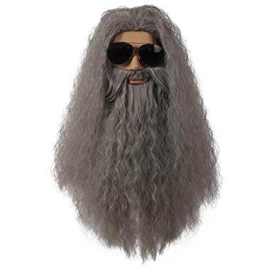 Imagem de Peruca e barba de feiticeiro, peruca longa ondulada cinza cosplay para homens, fantasia de Dia das Bruxas, peruca de barba para meninos