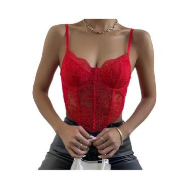 Imagem de Top Cropped Vermelho De Renda Com Bojo E Costas Abertas, Estilo Francê