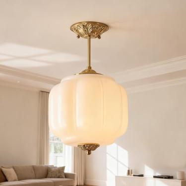 Imagem de MIXL - Luz de montagem semi-embutida de vidro de leite de 9,8 polegadas, lâmpada de teto de vidro branco em forma de abóbora, luminária dourada para sala de jantar, luminária pendente estilo vintage
