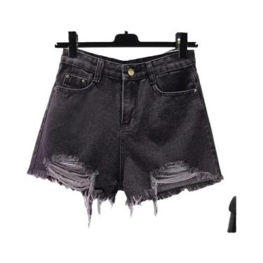 Imagem de Shorts De Denim Branco Com Cintura Alta E Franjas Para Mulheres, Estil