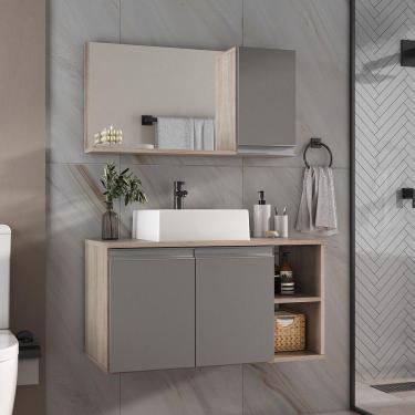 Imagem de Conjunto Gabinete Banheiro Virtus 80cm - Gabinete + Cuba + Espelheira Madeirado Cinza
