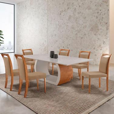 Imagem de Mesa Ellis 180cm Tampo Laqueado Com Vidro Com 6 Cadeiras Munique Linho Palha/imbuia Natural/off White