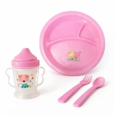 Imagem de Kit Refeição Infantil Art Baby 4 Pcs  Prato, Copo e Talheres Rosa