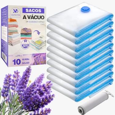 Imagem de Kit 10 Sacos a Vácuo com Aroma Lavanda 50x60cm + Bomba | Sacos a Vacuo para Mala, Organizador de Mala, Saco a Vacuo para Viagem e Guarda-Roupa