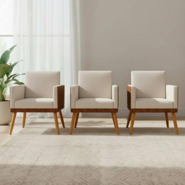 Imagem de Kit 3 Poltronas Decorativas Lis Para Sala Quarto Recepção Linho Corino Assento Confortável Pé Palito Castanho
