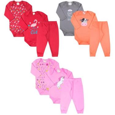 Imagem de Kit Roupa de Bebe 9 Peças Body Manga Longa Estampado e Calça Mijão Alg