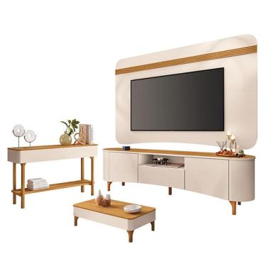 Imagem de Rack Bancada Elara e Painel Armony com Mesa de Centro Liz e Aparador Fiero Off White Cinamomo - HB Móveis