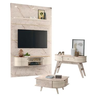 Imagem de Estante Home Theater com Bancada Suspensa Monte Carlo com Aparador Estoril e Mesa de Centro Indianápolis Calacata Off White – Madetec