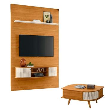 Imagem de Estante Home Theater com Bancada Suspensa Monte Carlo com Mesa de Centro Indianápolis Cinamomo Off White – Madetec