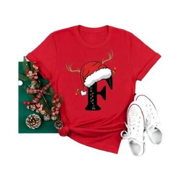 Imagem de Camiseta Feminina Vermelha De Natal Com Alfabeto, Estilo Casual, Manga