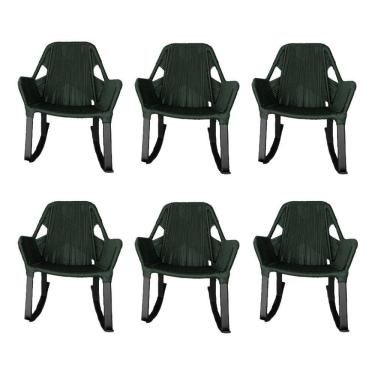 Imagem de Kit 6 Cadeiras De Balanço Athenas Corda Náutica Base Em Alumínio Preto-verde Musgo
