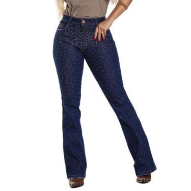 Imagem de Calça Country Feminina Jeans Flare PLUS SIZE Pedraria Dourada 1 Bolso 