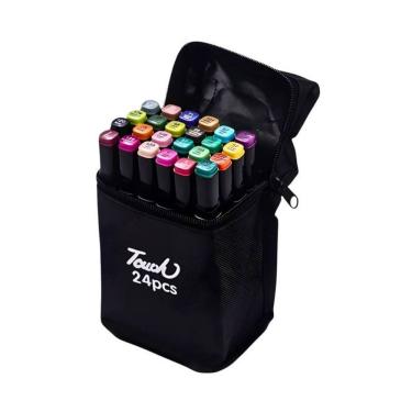 Imagem de Kit de Canetas Marcador Permanente Ponta Dupla 2 Conjuntos com 24 Cores Cada e Bolsa