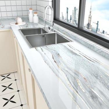 Imagem de Skyblur Papel de parede de mármore branco e cinza à prova d'água com linhas douradas, papel de contato de bancada brilhante para cozinha, banheiro, adesivo de vinil removível no papel de parede 40 cm