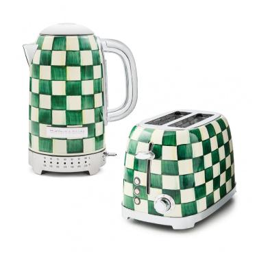 Imagem de Conjunto chaleira elétrica e torradeira 2 fatias MacKenzie-Childs Emerald Check verde e branca inox 110V