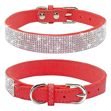 Imagem de Coleira para cachorro haoyueer com strass, lindo deslumbrante e brilhante de camurça macia coleira de strass para cães e gatos de cristal diamante coleira para cães (vermelho, PPP)