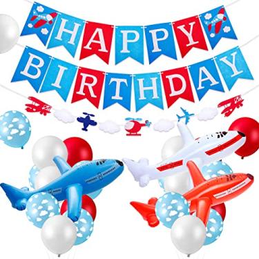 Imagem de Airplane Birthday Party Supplies 56 Pieces Airplane Themed Party Decoration with Inflatable Balloons Thick Latex Balloon Birthday Banners Cloud Decor