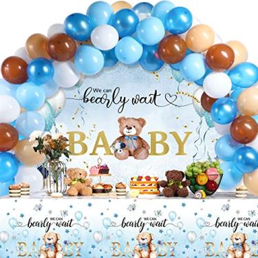 Imagem de 67 peças de decorações de ursinho de pelúcia We Can Bearly Wait Bear Toalha de mesa para chá de bebê e balões azuis marrons decorações para crianças meninos e meninas, artigos de festa de aniversário