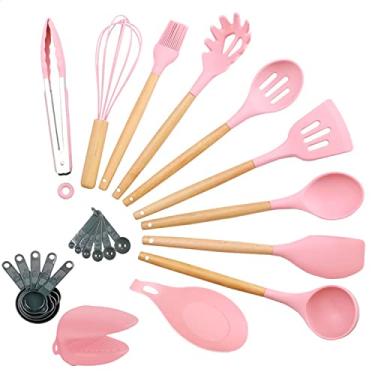 Imagem de KTCH - Conjunto de utensílios de silicone antiaderentes com cabos de madeira - 13 Peças (Rosa)