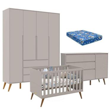 Imagem de Quarto de Bebê Retrô Clean 4 Portas com Berço Retrô Gold Cinza Soft Eco Wood com Colchão Ortobom - Matic