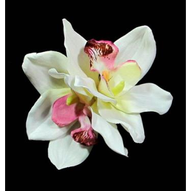 Imagem de Grampo de cabelo com flor de orquídea fúcsia e creme de marfim