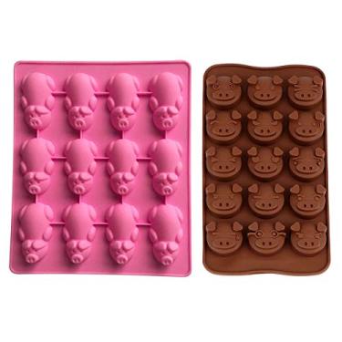 Imagem de 2 peças de moldes de chocolate Little Pigs, moldes de silicone em forma de porco para bolo de porquinho faça você mesmo molde para chocolate gelatina molde de sabão bandejas de cubo de gelo (rosa, marrom)