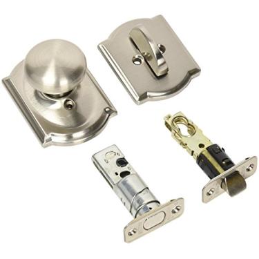 Imagem de Schlage Lock Company F59PLY619CAM Conjunto de maçanetas interiores Plymouth de níquel acetinado com fechadura de cilindro único e rosa camelot decorativo