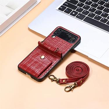 Imagem de Capa de telefone transversal para Samsung Galaxy Z Flip 4 5G impressão de crocodilo slot para cartões de crédito à prova de choque capa traseira de couro com cordão, vermelho, para Galaxy Z Flip4 5G