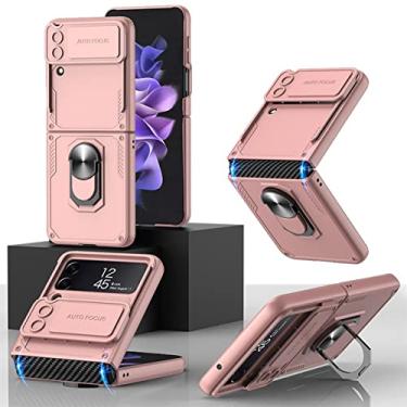 Imagem de Com capa protetora de câmera com janela push para Samsung Galaxy Z Flip 4 5G chaveiro magnético à prova de choque Capa de telefone de fibra de carbono, rosa, para galaxy Z flip 4
