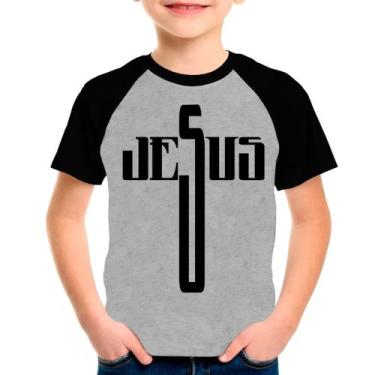 Imagem de Camiseta Raglan Jesus Gospel Evangélica Cinza Preto Inf04 - Design Cam