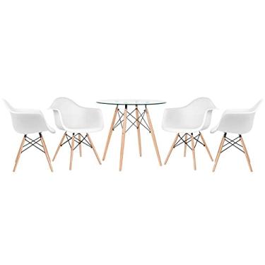 Imagem de Loft7, Kit Mesa Redonda de Vidro Eames 80 cm + 4 Cadeiras Eames Eiffel DAW, Polipropileno, Aço e Madeira, Escritório, Sala de Estar e Sala de Jantar - Branco