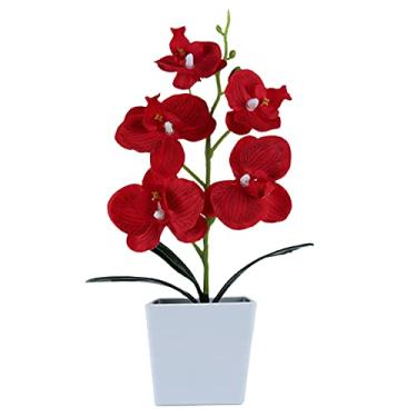 Imagem de Heave Orquídeas artificiais com vaso branco, plantas de orquídeas falsas flores de seda bonsai decoração para mesa de escritório em casa decoração de festa de casamento vermelho