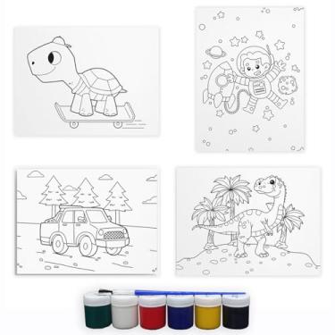 Imagem de Tela Para Pintura Infantil Colorir Arte Kit 4 Unidades com Tinta e Pincel Canvas 20x15cm (Menino)