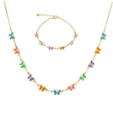 Imagem de Conjunto Colar e Pulseira Feminina Cravejada com Pedra Zircônias Coloridas Borboletas Banhado a ouro 18k ou Prata Antialérgico Semijoia (Prata)