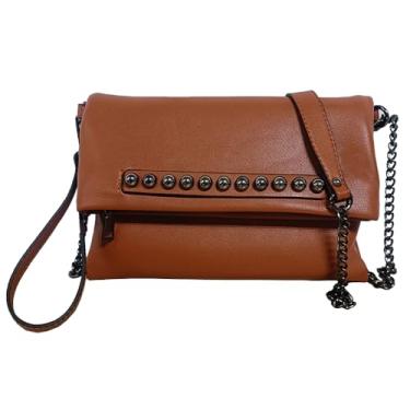 Imagem de NIGEDU Bolsa feminina dobrável com contas de couro PU com corrente transversal com envelope feminino para noite, Marrom
