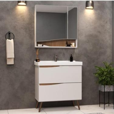 Imagem de Gabinete Para Banheiro Com Pés 02 Gavetas 02 Portas e Lavatório Lille Branco/tauari