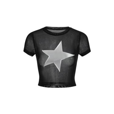 Imagem de Milumia Camiseta feminina Y2k Star Sheer Mesh cropped manga curta gola redonda sexy, Preto, G