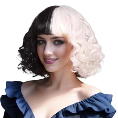 Imagem de IMISSU Meia peruca preta e branca ondulada feminina peruca encaracolada peruca cosplay lolita para festa de carnaval de halloween (Curto preto e pranco)