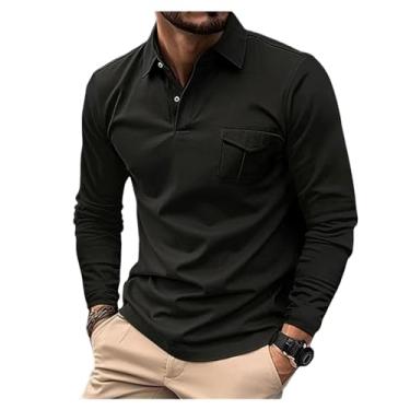 Imagem de Camisa polo masculina bolso frontal meio botões cor sólida gola larga pulôver ajuste solto, Preto, XG