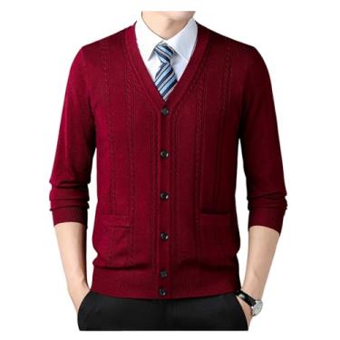 Imagem de Cardigã masculino de cor sólida, suéter de malha com gola redonda e bolso manga longa casual, Vinho tinto, 3G