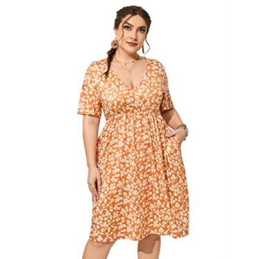 Imagem de ShopWonder Vestido plus size feminino, gola V, evasê, comprimento até o joelho, vestido rodado, plus size, minivestido de festa, Branco caramelo, 4G