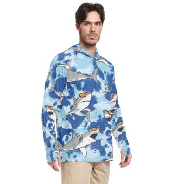 Imagem de Camiseta de sol masculina manga longa tubarões tie dye azul camisa de pesca FPS 50+ UV Rash Guard com capuz, Sharks Tie Dye Azul, P