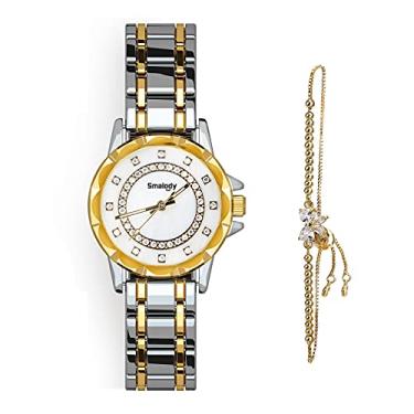 Imagem de Smalody Relógio de pulso feminino com conjunto de joias de pulseira, relógios elegantes femininos de aço inoxidável com pulseira de cerâmica, relógio de quartzo casual fashion feminino, Prata - ouro, Relógio de quartzo