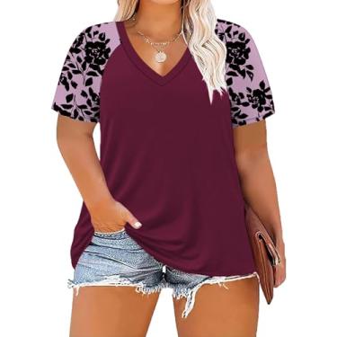 Imagem de ForHailey Camisetas femininas com gola V e manga curta patchwork, Vermelho arroxeado, 5G Plus Size