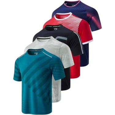 Imagem de Pacote com 5 camisetas masculinas de gola redonda de secagem rápida | Camiseta de manga curta para corrida atlética e ginástica, Camuflagem/vermelho/azul marinho/preto/azul-petróleo, XXG