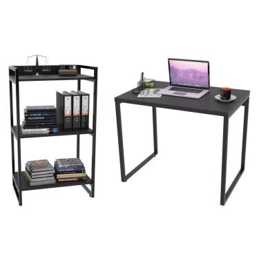 Imagem de Conjunto Escritório Mesa 90Cm E Estante 60Cm 3 Prateleiras Prisma Preto Onix