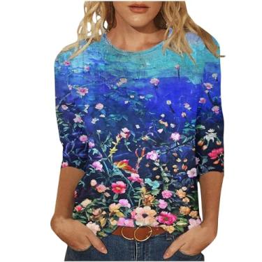Imagem de Camiseta casual de manga 3/4 para mulheres, outono, verão, moderno, retrô, estampa de flores silvestres, pulôver, blusas, confortáveis e soltas, Z1 - Azul, GG