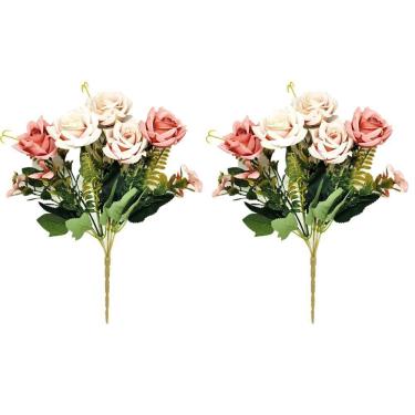 Imagem de Jogo Buquê Mini Rosas 5 Flores Folhagens Realistas 2 Unidades 30cm